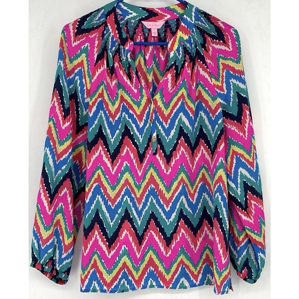 Lilly Pulitzer 100% Silk Multicolor Zigzag Ikat Print Resort Blouse Small - Picture 2 of 8